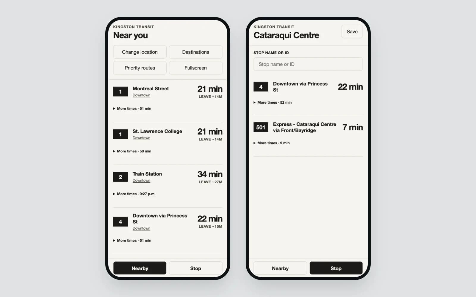 Two phone screens of the bus board on the Kingston Transit feed: nearby departures with minutes and a leave-by time, and a single stop view