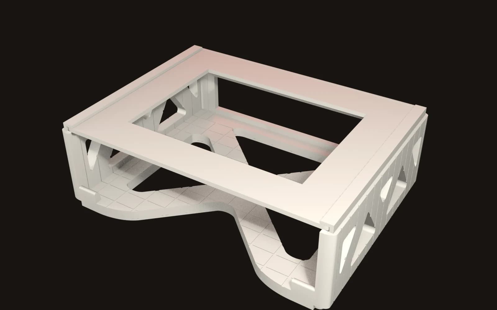 Render of a printed wall-mounted device holder with ribbed side walls, slide-rail slots and a cable cut-out