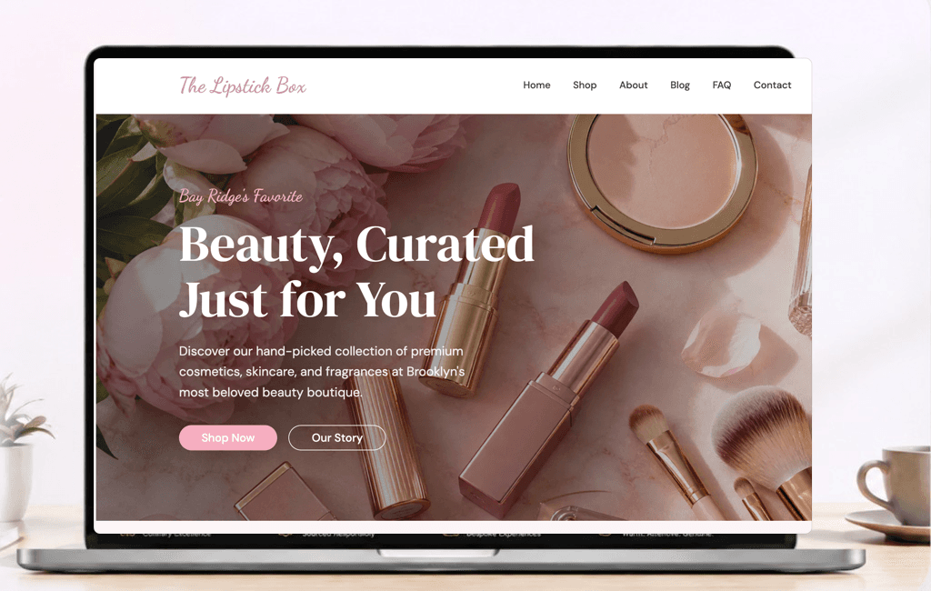 The Lipstick Box beauty ecommerce website mockup displayed on a laptop